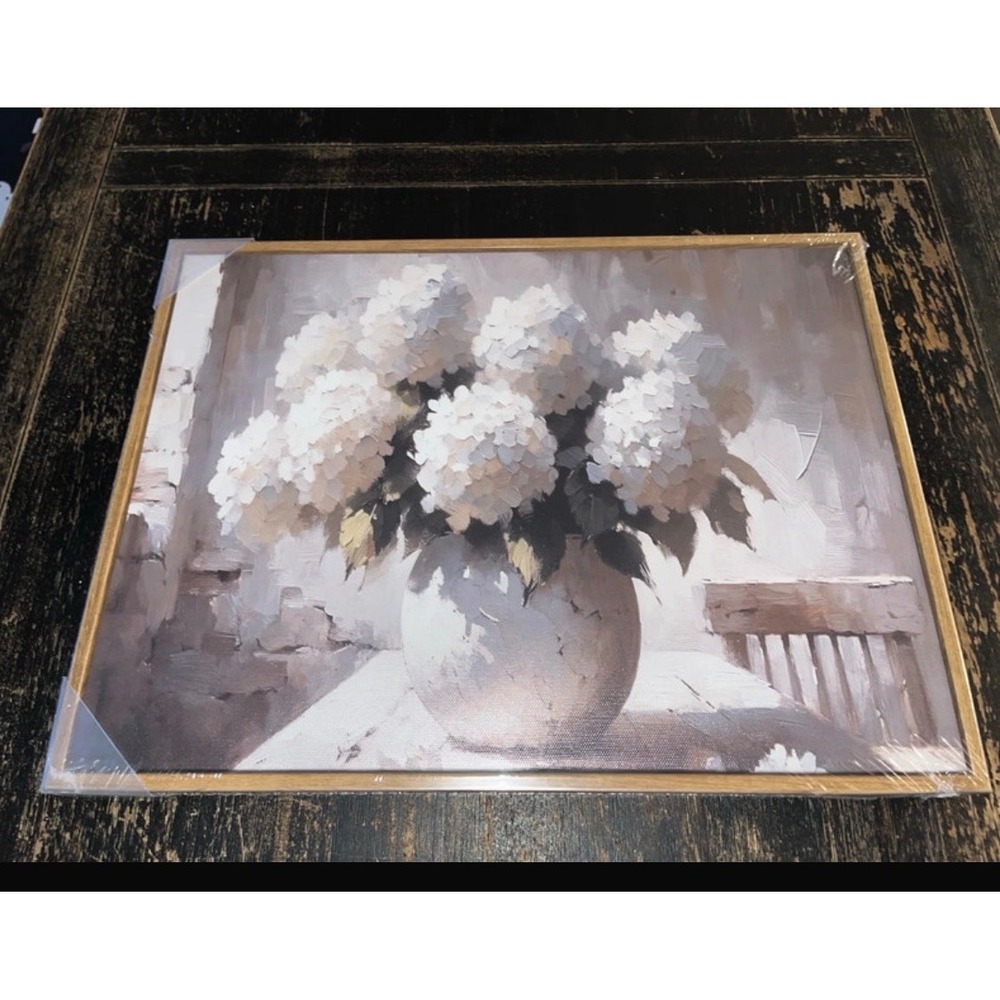 White Hydrangea Framed Canvas Wall Art Floral Still Life Neutral Decor 16x12